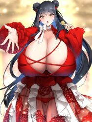 Rule 34 | 1girl, areola slip, black hair, blurry, blurry background, breasts, choker, cleavage, curvy, dress, gigantic breasts, holding, holding microphone, incoming hug, kisuke i, long hair, microphone, open mouth, panties, puffy sleeves, red dress, red panties, ribbon, see-through, skindentation, solo, standing, thick thighs, thighs, underwear, white choker, white ribbon, wide hips, wide sleeves, yellow eyes