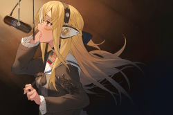 Rule 34 | 1girl, absurdres, black jacket, black ribbon, blonde hair, bow, breasts, commentary request, dark-skinned female, dark skin, floating hair, frilled sleeves, frills, from side, grey shirt, hair between eyes, hair bow, headphones, highres, hololive, jacket, joker (tomakin524), long hair, long sleeves, looking up, medium breasts, microphone, microphone stand, multicolored hair, music, neck ribbon, open mouth, pop filter, profile, recording studio, red eyes, ribbon, sailor collar, shiranui flare, shiranui flare (street), shirt, singing, solo, streaked hair, striped, two-tone hair, upper body, vertical stripes, virtual youtuber, white hair