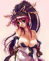 Rule 34 | 1girl, banpresto, black hair, blue eyes, blush, breast hold, breasts, cleavage, dress, hisahiko, large breasts, long hair, multicolored hair, nanbu kaguya, ponytail, red hair, solo, strapless, strapless dress, super robot wars, super robot wars og saga mugen no frontier, two-tone hair