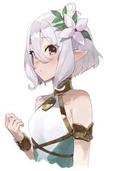 Rule 34 | 1girl, :o, armlet, blush, cropped torso, dress, flower, grey hair, hair between eyes, hair flower, hair ornament, highres, kokkoro (princess connect!), logknn, looking at viewer, parted lips, pointy ears, princess connect!, red eyes, short hair, simple background, sleeveless, sleeveless dress, solo, upper body, white background, white flower