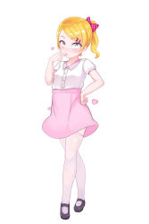 Rule 34 | 119, atg (wttoo0202), black footwear, blonde hair, blue eyes, blush, bow, closed mouth, collared shirt, crossed legs, diagonal stripes, dress shirt, finger to mouth, full body, hair bow, hair ornament, hairclip, hand on own hip, heart, high ponytail, highres, looking at viewer, original, pink bow, pink skirt, ponytail, puffy short sleeves, puffy sleeves, rabbit hair ornament, shirt, shoes, short sleeves, side ponytail, simple background, skirt, solo, standing, striped, striped bow, swept bangs, thighhighs, watson cross, white background, white shirt, white thighhighs