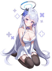 Rule 34 | 1girl, alternate costume, between legs, black thighhighs, blue archive, blush, breasts, cleavage, closed mouth, commentary request, dress, elbow gloves, full body, garter straps, gloves, halo, hand between legs, head tilt, large breasts, long hair, looking at viewer, noa (blue archive), purple eyes, seiza, simple background, sitting, smile, soles, solo, thighhighs, very long hair, white background, white dress, white gloves, white hair, white halo, woodazi