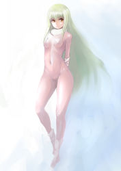 Rule 34 | 1girl, amber (darker than black), arms behind back, bodysuit, breasts, covered navel, darker than black, full body, fur collar, gradient background, green hair, highres, holding own arm, johan (johan13), lips, long hair, navel, nipples, skin tight, small breasts, smile, socks, solo, very long hair, yellow eyes