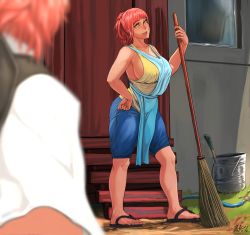 Rule 34 | 1boy, 1girl, absurdres, apron, black footwear, blue apron, blue shorts, blunt bangs, blurry, blurry foreground, breasts, broom, bucket, door, flip-flops, from behind, grass, hachijuu, hand on own hip, highres, hose, large breasts, looking at another, mature female, mother and son, orange hair, original, outdoors, ponytail, sandals, shirt, short sleeves, shorts, shovel, smile, stairs, tank top, toenails, white shirt, window, yellow eyes, yellow shirt