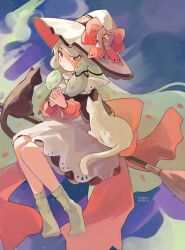 Rule 34 | 1girl, absurdly long hair, absurdres, animal, black cat, bow, broom, broom riding, cat, dress, green hair, hat, hat bow, hat ribbon, high collar, highres, long hair, long sleeves, looking at viewer, mole, mole under eye, night, night sky, no shoes, orange eyes, original, own hands together, ribbon, sidesaddle, sky, smoke, socks, solo, spotted hair, st ard, star (sky), starry sky, very long hair, witch, witch hat