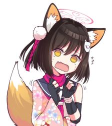 Rule 34 | 1girl, :d, animal ears, blue archive, brown eyes, brown hair, commentary request, fang, fox ears, fox girl, fox mask, hair between eyes, izuna (blue archive), japanese clothes, kimono, kitsune, looking at viewer, mask, nanju bami, non-web source, open mouth, pink scarf, print kimono, sakuramon, scarf, school uniform, skin fang, sleeveless, smile, source request, surprised, sweatdrop