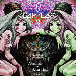 Rule 34 | 2girls, album cover, colored skin, cover, facial tattoo, forehead jewel, green hair, green skin, hat, highres, lipstick, long hair, makeup, monster, multiple girls, pink hair, purple lips, seiza, sitting, symmetry, tattoo, topless