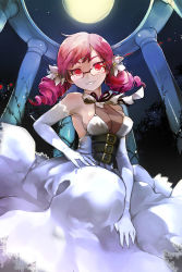 Rule 34 | 1girl, armpits, bad id, bad pixiv id, breasts, cleavage, corset, curly hair, dress, elbow gloves, flower, glasses, gloves, hair flower, hair ornament, hand on own hip, highres, long hair, macciatto (aciel02), red eyes, red hair, solo, sword girls, twintails, vernika answer, white dress, white gloves