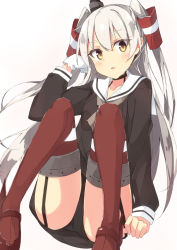 Rule 34 | 1girl, amatsukaze (kancolle), beritabo, black dress, black panties, blush, brown eyes, brown neckwear, commentary request, dress, garter straps, gloves, gradient background, grey background, hair between eyes, hair tubes, highres, kantai collection, knees up, long hair, long sleeves, looking at viewer, panties, parted lips, red footwear, red thighhighs, rudder footwear, sailor collar, sailor dress, shoes, silver hair, single glove, solo, thighhighs, two side up, underwear, very long hair, white background, white gloves, white sailor collar