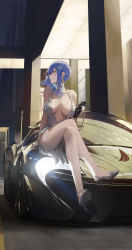 Rule 34 | 1girl, absurdres, azur lane, backless dress, backless outfit, bag, bare legs, bare shoulders, blue hair, breasts, breasts apart, car, closed mouth, crossed legs, dress, earrings, evening gown, full body, glint, grey dress, grey footwear, halter dress, halterneck, handbag, headlight, high heels, highres, holding, holding bag, jewelry, large breasts, long hair, looking afar, looking away, looking to the side, mclaren, mclaren p1, midriff, modare, motor vehicle, nail polish, necklace, official alternate costume, on vehicle, outdoors, pillar, plunging neckline, product placement, profile, red eyes, revealing clothes, side ponytail, sitting, sitting on car, solo, sports car, st. louis (azur lane), st. louis (luxurious wheels) (azur lane), toenail polish, toenails, wavy hair