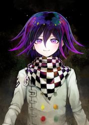 Rule 34 | 1boy, absurdres, black scarf, buttons, checkered clothes, checkered scarf, closed mouth, danganronpa (series), danganronpa v3: killing harmony, double-breasted, gradient background, grey jacket, hair between eyes, highres, jacket, long sleeves, male focus, medium hair, oma kokichi, pink eyes, purple hair, scarf, smile, solo, upper body, white scarf, youko-shima
