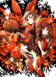 Rule 34 | 1girl, aki shizuha, alternate costume, autumn leaves, black sclera, blonde hair, blood, blood on face, breasts, brown hair, clothes lift, colored sclera, dress, dress lift, gradient hair, grin, hair ornament, highres, leaf, leaf hair ornament, looking at viewer, multicolored hair, open mouth, red eyes, shigureru, short hair, sketch, small breasts, smile, solo, torn clothes, torn dress, touhou