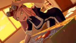 Rule 34 | 1girl, :d, blueprint (object), boku no hero academia, desk, dutch angle, gears, goggles, gym uniform, hatsume mei, highres, indoors, leaning forward, medium hair, open mouth, paper, picture frame, pink hair, rimviolet, school uniform, screwdriver, smile, solo, sunset, symbol-shaped pupils, u.a. gym uniform, window, yellow eyes