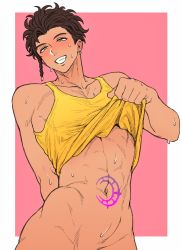 Rule 34 | 1boy, abs, bad id, bad twitter id, blush, body markings, bottomless, braid, brown hair, claude von riegan, clothes lift, dark-skinned male, dark skin, fire emblem, fire emblem: three houses, glowing markings, green eyes, highres, lifting own clothes, male focus, nintendo, out-of-frame censoring, shirt, shirt lift, single braid, smile, sweat, tank top, toned, wadorudo, yellow shirt