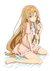Rule 34 | 10s, 1girl, asuna (sao), barefoot, brown eyes, brown hair, full body, highres, long hair, long legs, rubber band, rumia (compacthuman), simple background, sitting, sleepwear, solo, sword art online, very long hair, white background