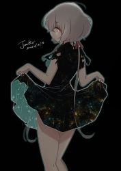 Rule 34 | 1girl, absurdres, black background, black dress, carrion1129, clothes lift, commentary request, dress, hair ribbon, highres, konno junko, long hair, looking at viewer, looking back, low twintails, pink eyes, red ribbon, ribbon, short sleeves, skirt, skirt lift, solo, starry sky print, thighs, torn clothes, twintails, two-sided fabric, two-sided skirt, very long hair, white hair, zombie land saga