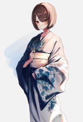 Rule 34 | 1girl, alternate costume, bad id, bad twitter id, blue kimono, blush, brown eyes, closed mouth, grey background, highres, hyuuga (kancolle), japanese clothes, kantai collection, kazeshio, kimono, long sleeves, looking at viewer, obi, sash, simple background, solo, wide sleeves