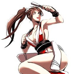 Rule 34 | 1girl, breasts, brown hair, cleavage, clothes tug, hand fan, fatal fury, female focus, iwamoto eiri, large breasts, looking up, ponytail, shiranui mai, solo, white background