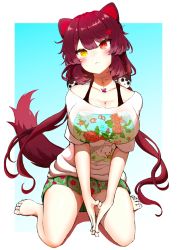 Rule 34 | 1girl, animal ears, barefoot, blouse, breasts, brown hair, choker, cleavage, collarbone, dog ears, dog girl, dog hair ornament, hair ornament, heterochromia, highres, inui toko, kouno torisuke, large breasts, long hair, low twintails, nijisanji, off-shoulder shirt, off shoulder, official alternate costume, own hands together, print shirt, red eyes, shirt, sitting, solo, twintails, very long hair, virtual youtuber, white choker, white shirt, yellow eyes