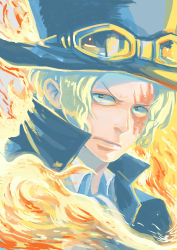 Rule 34 | 1boy, absurdres, blonde hair, ascot, fire, goggles, goggles on headwear, hat, highres, looking at viewer, male focus, one piece, sabo (one piece), scar, solo, top hat