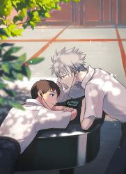 Rule 34 | 2boys, arm support, belt, blouse, blue eyes, blurry, blurry foreground, brown hair, cable, cassette player, collared shirt, dappled sunlight, day, depth of field, earbuds, earphones, evangelion: 3.0 you can (not) redo, film grain, foliage, head rest, ikari shinji, indoors, instrument, kannunu, light particles, looking at another, male focus, multiple boys, nagisa kaworu, neon genesis evangelion, open clothes, open shirt, overgrown, pale skin, parted lips, piano, rebuild of evangelion, shirt, shirt tucked in, short sleeves, silver hair, smile, sunlight, tree, walkman, white shirt, yaoi