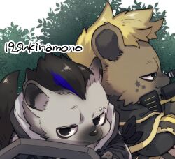 Rule 34 | 19 sukinamono, 2boys, arknights, bush, chibi, cropped, eyebrow piercing, facial mark, furry, furry male, gun, holding, holding weapon, hyena, hyena boy, live a hero, looking at viewer, looking to the side, multiple boys, piercing, rifle, roiker (live a hero), shield, shrub, sniper rifle, spot (arknights), star (symbol), star facial mark, twitter username, weapon, white background