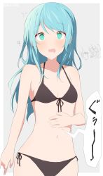 Rule 34 | 2girls, absurdres, aqua hair, bang dream!, bare legs, bare shoulders, bikini, black bikini, blush, border, breasts, cowboy shot, drooling, flying sweatdrops, front-tie bikini top, front-tie top, green eyes, grey background, halterneck, hand on own stomach, hazawa tsugumi, highres, hikawa sayo, kai3700, long hair, looking at viewer, mouth drool, multiple girls, navel, notice lines, open mouth, shadow, side-tie bikini bottom, sidelocks, skindentation, small breasts, solo focus, standing, stomach, stomach growling, swept bangs, swimsuit, thighs, twitter username, white border