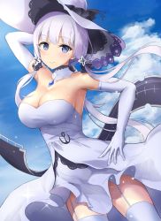 Rule 34 | 1girl, anchor, arm up, armpits, azur lane, bare shoulders, blue dress, blue hair, blue sky, blush, breasts, closed mouth, cloud, cloudy sky, cowboy shot, day, dress, dutch angle, figurehead (artist), garter straps, gloves, illustrious (azur lane), large breasts, light purple hair, long hair, looking at viewer, low twintails, mole, mole under eye, outdoors, sky, smile, solo, thighhighs, twintails, white dress, white gloves, white thighhighs