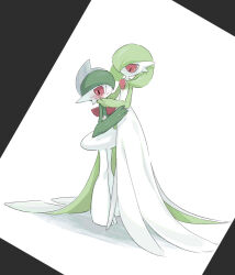 Rule 34 | 1boy, 1girl, artist name, averting eyes, black border, blue hair, blush, bob cut, border, closed mouth, colored skin, creatures (company), embarrassed, flat chest, from side, gallade, game freak, gardevoir, gen 3 pokemon, gen 4 pokemon, green hair, green skin, hair over one eye, hand on another&#039;s arm, hand up, hands on another&#039;s cheeks, hands up, height difference, hetero, highres, legs together, looking at another, looking to the side, mohawk, multicolored hair, multicolored skin, nintendo, one eye covered, pokemon, pokemon (creature), red eyes, short hair, sideways mouth, signature, simple background, sok (mr14 c), sweat, twitter username, two-tone hair, two-tone skin, wavy mouth, white background, white skin