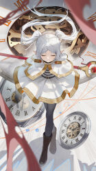 Rule 34 | 1girl, absurdres, arms behind back, black pantyhose, boots, brown footwear, cape, capelet, clock, closed eyes, closed mouth, commentary request, frieren, full body, hidulume, highres, long hair, pantyhose, pointy ears, short eyebrows, sidelocks, smile, solo, sousou no frieren, thick eyebrows, twintails, white cape, white hair