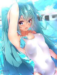 Rule 34 | 1girl, :d, ahoge, arm up, artist name, blue eyes, blue hair, blurry, blurry background, blush, breasts, collarbone, day, hair between eyes, halkawa501, hatsune miku, highres, long hair, looking at viewer, one-piece swimsuit, open mouth, outdoors, school swimsuit, small breasts, smile, solo, spaghetti strap, standing, swimsuit, twintails, very long hair, vocaloid, watermark, white one-piece swimsuit