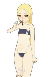 Rule 34 | 1girl, blonde hair, breasts, bubble tea, clenched hands, drinking, drinking straw, gris swimsuit, highres, mari gold, meme attire, mole, mole under eye, navel, orange eyes, original, rong rong, small breasts, tagme, thick eyebrows