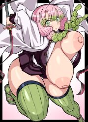 Rule 34 | 1girl, :o, belt, black jacket, black skirt, blush, braid, breasts, buttons, commentary request, demon slayer uniform, flip-flops, gradient background, gradient hair, green eyes, green hair, green thighhighs, haori, highres, holding, holding sword, holding weapon, huge breasts, jacket, japanese clothes, kanroji mitsuri, kimetsu no yaiba, komusou (jinrikisha), long hair, long sleeves, looking at viewer, miniskirt, mole, mole under each eye, mole under eye, multicolored hair, multiple braids, multiple moles, nipples, open clothes, parted lips, partially unbuttoned, pink background, pink hair, pleated skirt, ribbed legwear, ribbed thighhighs, sandals, shirt, simple background, skindentation, skirt, solo, sword, thighhighs, twin braids, weapon, whip sword, white background, white belt, white shirt