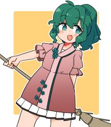 Rule 34 | 1girl, adapted costume, alternate hairstyle, blush, broom, cowboy shot, dress, fang, frilled sleeves, frills, green eyes, green hair, hair between eyes, holding, holding broom, ini (inunabe00), kasodani kyouko, open mouth, pink dress, short hair, short sleeves, skin fang, smile, solo, touhou