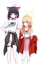 Rule 34 | 2girls, absurdres, ahoge, animal ears, black choker, black hair, black jacket, blonde hair, blue archive, cat ears, choker, closed mouth, clothes around waist, colored inner hair, commentary request, dot mouth, ear piercing, english text, halo, hand on own hip, height difference, highres, jacket, jacket around waist, kazusa (band) (blue archive), kazusa (blue archive), looking at another, mask, mask around neck, medium hair, mouth mask, multicolored hair, multiple girls, official alternate costume, piercing, pink hair, pink skirt, pleated skirt, print shirt, red jacket, shirt, short hair, short sleeves, simple background, sketch, skirt, socks, standing, t-shirt, thigh strap, tsurime, twintails, two-tone hair, white background, white shirt, white skirt, white socks, wristband, yata mawari, yellow eyes, yoshimi (band) (blue archive), yoshimi (blue archive)