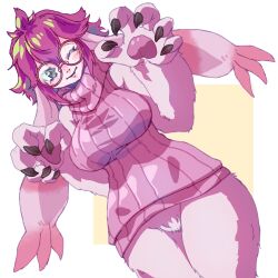 Rule 34 | 1girl, aquilamon, breasts, claws, digimon, digimon (creature), fusion, highres, inoue miyako, large breasts, looking at viewer, lopmon, one eye closed, original, pink fur, pink hair, solo, tailmon, wink
