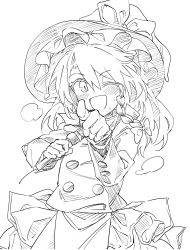 Rule 34 | 1girl, ;d, absurdres, bad id, bad twitter id, blush, bow, braid, cowboy shot, greyscale, hair between eyes, hair bow, hat, highres, holding, holding microphone, kirisame marisa, long hair, long sleeves, looking at viewer, manarou, microphone, monochrome, one eye closed, open mouth, pointing, pointing at viewer, side braid, simple background, single braid, smile, solo, sweat, touhou, white background, witch hat