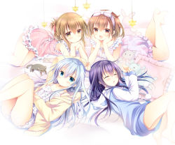 Rule 34 | 4girls, :d, :o, akatsuki (kancolle), arm up, ass, bare arms, bare shoulders, blue eyes, blue hair, blue jacket, blush, bow, brown eyes, brown hair, camisole, closed eyes, closed mouth, commentary request, dress, folded ponytail, frilled pillow, frills, hair between eyes, hair bow, hands on own cheeks, hands on own face, head rest, hibiki (kancolle), hood, hood down, hooded jacket, ikazuchi (kancolle), inazuma (kancolle), jacket, kantai collection, long hair, long sleeves, looking at viewer, lying, multiple girls, on back, on side, on stomach, open mouth, parted lips, pillow, pink dress, pom pom (clothes), purple hair, shirogane hina, short shorts, shorts, sleeveless, sleeveless dress, sleeves past wrists, smile, stuffed animal, stuffed rabbit, stuffed toy, teddy bear, very long hair, white bow, white camisole, white shorts, yellow jacket