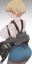 Rule 34 | 1girl, ammunition pouch, ass, belt buckle, black jacket, black pantyhose, blonde hair, blue eyes, blue neckwear, blue ribbon, blue skirt, breasts, buckle, collared shirt, from behind, fur-trimmed jacket, fur trim, girls&#039; frontline, gradient background, harness, highres, huge breasts, jacket, jacket partially removed, large breasts, load bearing vest, looking at viewer, looking back, off shoulder, pantyhose, pencil skirt, pouch, ribbon, shirt, short hair, sideboob, simple background, skirt, solo, striped neckwear, sumiyao (amam), sweat, thighband pantyhose, vsk-94 (girls&#039; frontline), white shirt