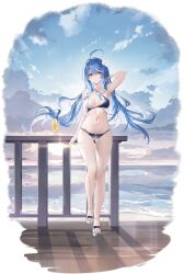 Rule 34 | 1girl, ahoge, arm up, armpits, azur lane, bikini, black bikini, blue hair, breasts, cloud, cloudy sky, criss-cross halter, cup, drink, drinking glass, drinking straw, flower, hair flower, hair ornament, halterneck, hand in own hair, haori io, helena (azur lane), helena (shimmering triangle wave) (azur lane), highres, long hair, looking at viewer, medium breasts, multicolored clothes, multicolored swimsuit, navel, official alternate costume, official art, palm leaf, palm tree, presenting armpit, purple eyes, sky, solo, stomach, swimsuit, tree, two-tone bikini, very long hair, white bikini, white flower, wooden railing, wristband
