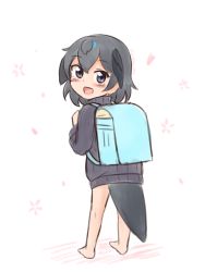 Rule 34 | 1girl, :d, aged down, alternate costume, backpack, bag, barefoot, black hair, black sweater, blue eyes, blush, child, commentary, from behind, full body, hair between eyes, head wings, heart, highres, kemono friends, looking at viewer, looking back, no pants, open mouth, randoseru, shiraha maru, short hair, simple background, smile, solo, superb bird-of-paradise (kemono friends), sweater, tail, twitter username, white background, wings