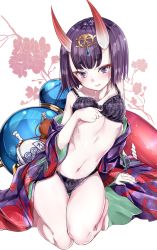 Rule 34 | 1girl, bare arms, bare legs, barefoot, black panties, blunt bangs, bob cut, bow, bow panties, bra, collarbone, fate/grand order, fate (series), floral background, full body, gourd, hamaken. (novelize), headpiece, horns, japanese clothes, kimono, kneeling, lace, lace-trimmed bra, lace-trimmed panties, lace trim, leaning to the side, navel, oni, panties, purple bra, purple eyes, purple hair, purple kimono, purple panties, short eyebrows, short hair, shuten douji (fate), shuten douji (first ascension) (fate), skin-covered horns, smile, solo, stomach, thick eyebrows, thigh gap, underwear, underwear only, white background