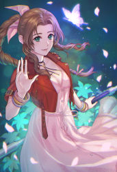 Rule 34 | 1girl, aerith gainsborough, bolo tie, bow, bracelet, braid, braided ponytail, breasts, brown hair, bug, butterfly, cleavage, cropped jacket, dress, final fantasy, final fantasy vii, final fantasy vii remake, flower, glowing, glowing butterfly, green eyes, hair bow, bug, jacket, jewelry, ohse, pink bow, pink dress, red jacket, smile, solo, staff