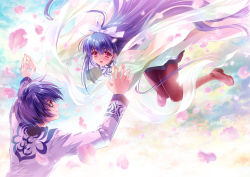 Rule 34 | 1boy, 1girl, bad id, bad twitter id, black footwear, black pantyhose, blue hair, blue sky, blush, bow, carnelian, cloud, commentary request, couple, day, dress, full body, hair between eyes, hair bow, hetero, holding hands, kamiazuma touka, kawakabe momoka, light smile, long hair, long sleeves, looking at another, open mouth, pantyhose, petals, red eyes, school uniform, shoes, sky, touka gettan, very long hair, white bow