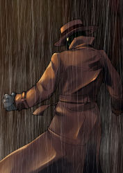 Rule 34 | 1boy, absurdres, belt, brown coat, capcom, clenched hand, coat, fedora, from behind, gloves, glowing, glowing eyes, grey gloves, hat, highres, long coat, looking back, male focus, mask, popped collar, q (street fighter), rain, solo, street fighter, street fighter iii (series), trench coat, valtor, yellow eyes