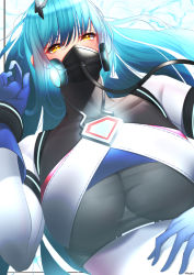 Rule 34 | 1girl, absurdres, azur lane, blue gloves, blue hair, boise (azur lane), breasts, gloves, hand on own stomach, highres, large breasts, long hair, mask, miyuki (9029009), oxygen mask, see-through, see-through shirt, tube, yellow eyes
