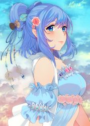 Rule 34 | 1girl, adapted costume, blue eyes, blue hair, blue sky, breasts, closed mouth, cloud, cloudy sky, crescent, day, flower, from side, gem, hair flower, hair ornament, hair ribbon, hair stick, kaku seiga, lips, looking at viewer, maitei roppa, medium breasts, outdoors, pink flower, red gemstone, ribbon, sky, smile, solo, touhou, upper body