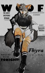 Rule 34 | 1girl, absurdres, angiewolf, animal ear fluff, animal ears, animal nose, artist name, asymmetrical legwear, bilingual, black choker, black footwear, black shirt, black socks, black thighhighs, body fur, breasts, character name, choker, closed mouth, clothes writing, commission, cover, crop top, cross-laced footwear, dated, earrings, english text, expressionless, female focus, fishnet sleeves, fishnet thighhighs, fishnets, fox ears, fox girl, fox tail, full body, furry, furry female, grey background, grey fur, grey hair, hair between eyes, half-closed eyes, heterochromia, highres, hood, hood down, hooded shirt, hoop earrings, jacket, japanese text, jewelry, knee up, kneehighs, looking to the side, magazine cover, medium breasts, mixed-language text, multicolored fur, multicolored hair, off shoulder, open clothes, open jacket, orange fur, original, own hands together, red eyes, second-party source, shirt, shoes, short hair, signature, single thighhigh, sitting, sleeves past wrists, sneakers, snout, socks, solo, split mouth, tail, thighhighs, two-tone hair, uneven legwear, untied footwear, white fur, white hair, white jacket, yellow eyes