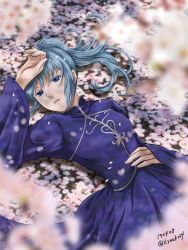Rule 34 | 1girl, angelica (honzuki no gekokujou), blue dress, blue eyes, blue hair, blurry, blurry foreground, colored eyelashes, dated, dress, hair between eyes, honzuki no gekokujou, long dress, long hair, long sleeves, lying, on back, parted lips, petals, ponytail, solo, twitter username, yuuko24