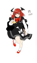 Rule 34 | 1girl, absurdres, bat wings, black capelet, black skirt, black vest, book, bow, bowtie, candle, capelet, closed mouth, commentary request, derivative work, eyelashes, full body, head wings, highres, holding, holding book, holding candle, koakuma, korean commentary, kuya (hey36253625), long hair, long sleeves, looking at viewer, mary janes, naughty face, red bow, red bowtie, red eyes, red footwear, red hair, shirt, shoes, simple background, skirt, smile, socks, solo, touhou, translation request, vest, white background, white bow, white shirt, white socks, wings